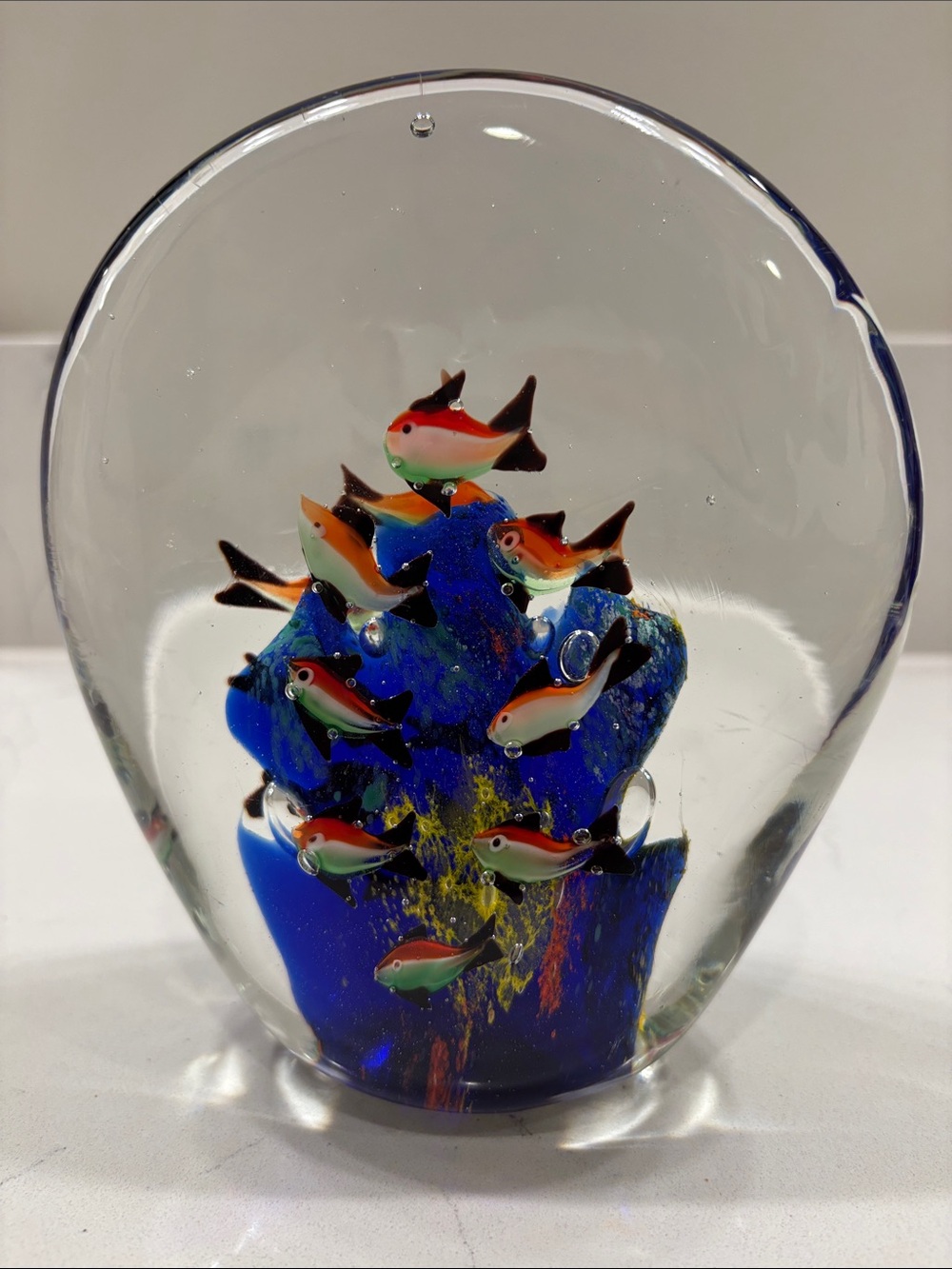 Murano Handcrafted Glass Aquarium Sculpture with Orange and Green Fish